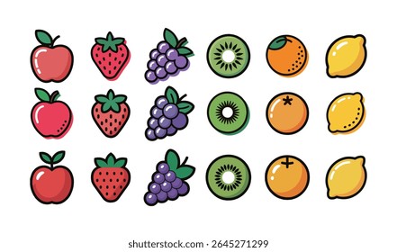 Dieses lebendige Bild zeigt eine Sammlung von Fruchtsymbolen im Cartoon-Stil, darunter Äpfel, Erdbeeren, Trauben, Kiwi-Scheiben, Orangen und Zitronen auf weißem Hintergrund.