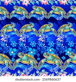 This vibrant image showcases a repeating pattern of intricately designed sea turtles swimming in a stylized ocean. Each turtle features detailed patterns in green, yellow, and black, set against a bac