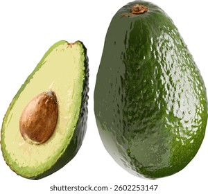 This vibrant image showcases two ripe avocados, one whole and one halved, against a clean white background.