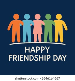 This is a vibrant and inclusive vector illustration for "HAPPY FRIENDSHIP DAY," featuring a horizontal line of diverse, colorful human figures.