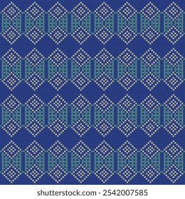 This vibrant and intricate pattern features a repeating geometric design, reminiscent of traditional folk art or modern graphic design. The pattern is composed of a grid of diamond shapes, 