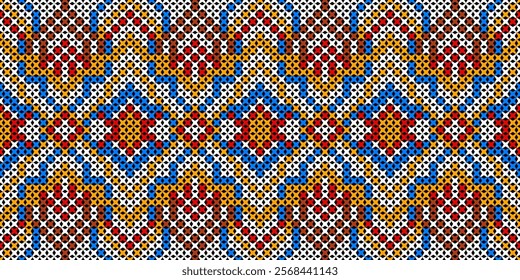 This vibrant and intricate pattern is inspired by traditional tribal and ethnic motifs. The bold colors and geometric shapes create a visually striking and dynamic composition.