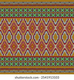This vibrant and intricate pattern is reminiscent of traditional embroidery or weaving techniques. The design features a repeating geometric motif with wavy lines and diamonds in a bright color