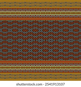 This vibrant and intricate pattern is reminiscent of traditional embroidery or weaving techniques. The design features a repeating geometric motif with wavy lines and diamonds in a bright color 