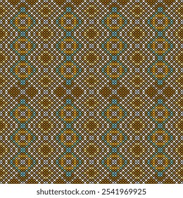 This vibrant and intricate pattern is reminiscent of traditional embroidery or weaving techniques. The design features a repeating geometric motif with a circular shape in a bright color palette 