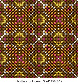 This vibrant and intricate pattern is reminiscent of traditional embroidery or weaving techniques. The design features a repeating geometric motif 
