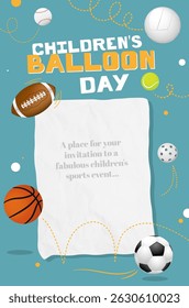 This vibrant invitation design showcases various sports balls, emphasizing fun children sports event filled with energy and excitement for young athletes and their families. Vector illustration.