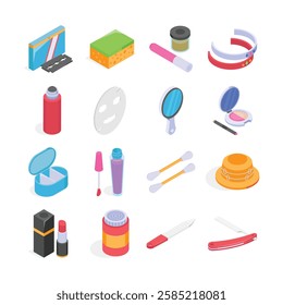 This vibrant isometric graphic showcases a collection of beauty and makeup products.