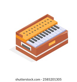 This vibrant isometric icon showcases a traditional Indian harmonium