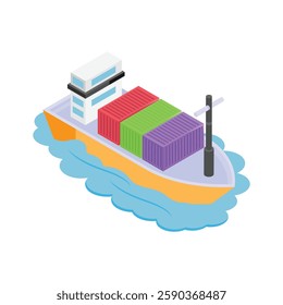 This vibrant isometric icon showcases a cargo ship loaded with containers.