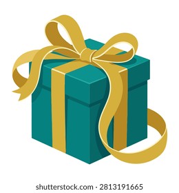 This vibrant isometric illustration showcases a beautiful teal colored gift box adorned with a luxurious golden ribbon and a perfectly tied bow on top. The present sits isolated against a clean white background ready for any festive occasion or cele.