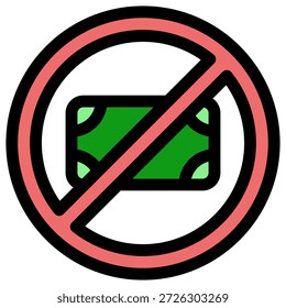 This vibrant line icon illustrates a green banknote crossed out by a red circle and slash, symbolizing free access, non-payment, or the prohibition of monetary transactions in a digital or conceptual context.