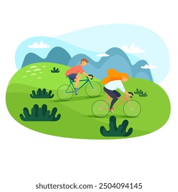 This vibrant and lively illustration features two cyclists pedaling through a lush, green landscape. The rolling hills and distant mountains create a serene and scenic backdrop