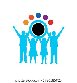 Dieses lebendige Logo zeigt eine Silhouette von vier Personen, zwei Erwachsenen und zwei Kindern, die mit erhobenen Armen zusammenstehen. Sie halten gemeinsam einen großen schwarzen Kreis an der Spitze hoch. Oberhalb dieses zentralen Kreises verläuft ein Halbkreis kleinerer, bunter Kreise in Rot-, Orange-, Gelb-, Grün-, Blau- und Lilatönen über der Gruppe. Das Gesamtbild vermittelt ein Gefühl von Einheit, Vielfalt, Gemeinschaft und gemeinsamer Vision oder Aspiration. Die hellen Farben suggerieren Positivität, Kreativität und Inklusivität. Es könnte eine Organisation darstellen, die sich auf Bildung, Gemeindeentwicklung oder die Förderung einer ganzheitlichen Sicht des Lebens konzentriert.