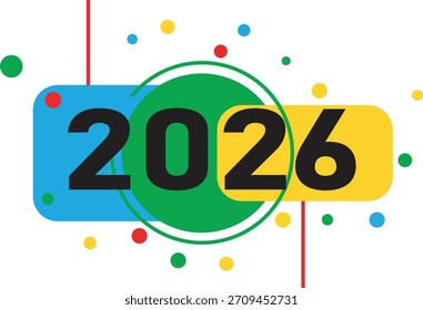 Este vibrante logotipo presenta el año 2026 en números audaces, rodeado de puntos y Formas coloridos. Simboliza la expectación y la emoción para el próximo año