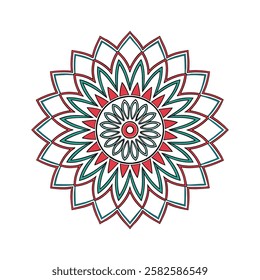 This vibrant mandala design features intricate, symmetrical patterns in teal and coral colors, set against a plain white background.