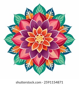 This vibrant mandala features a symmetrical flower in pink, orange, red, and purple, surrounded by intricate teal and green leaves. A perfect piece to add warmth and depth to any space with its detail