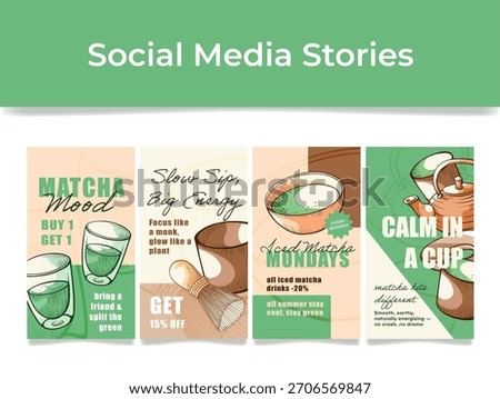 This vibrant matcha social media template showcases eye-catching graphics of matcha drinks, wellness tips, and enticing promotions suitable for summer campaigns.