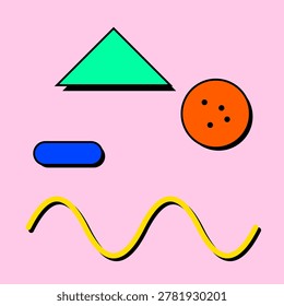This vibrant Memphis style graphic features a green triangle, an orange circle, a blue capsule, and a yellow wavy line against a soft pink backdrop. Each geometric element is defined by bold black outlines and subtle drop shadows, capturing the iconic and playful aesthetic of nineteen eighties retro design trends.
