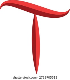 This is a vibrant and modern artistic rendition of the uppercase letter 'T'. The design features a bold red color that stands out against a stark white background. The horizontal bar of the 'T' is distinctively curved and wavy, giving it a dynamic and fluid appearance, while the vertical stroke is slender, elongated, and tapers slightly at both ends, resembling a leaf or a sleek blade. The overall aesthetic is clean, sophisticated, and contemporary, suitable for a logo, monogram, or as a decorative initial in graphic design projects.