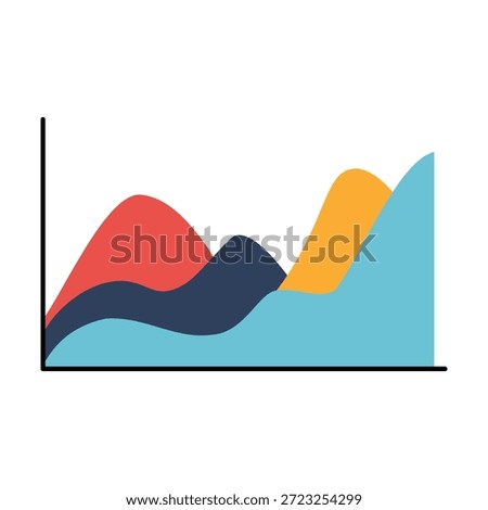 This is a vibrant and modern illustration of an area chart, showcasing the interplay of multiple data streams. The chart features three distinct, overlapping areas in bold colors: red, dark blue, and yellow, all presented against a light blue background. The lines are smooth and flowing, creating a visually engaging representation of trends over time or across different categories. The chart is anchored by a simple black axis line, suggesting a graph format without explicit numerical labels, making it versatile for various design applications. The overall aesthetic is clean, dynamic, and professional.