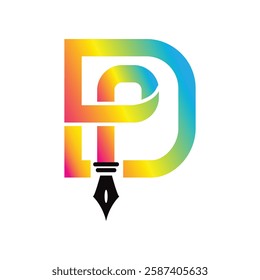 This vibrant and modern logo features a stylized letter “P” with a creative twist, blending bright rainbow gradients of yellow, blue, pink, and green. The letter “P” integrates a classic fountain pen 