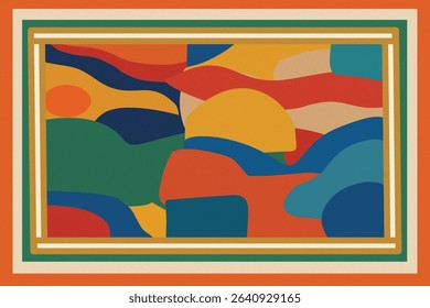 This vibrant and modern textile pattern features an abstract geometric design with playful curves, arches, and color blocks. A rich mix of bold hues—sunny yellow, coral pink, forest green, deep blue, 