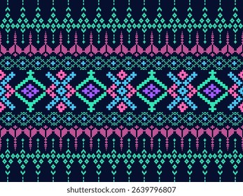 This vibrant native fabric print features intricate and orderly geometric patterns reminiscent of cross-stitch embroidery. It harmoniously blends pink, blue, and mint green on a dark blue background, 