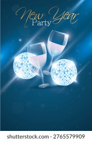 This vibrant New Year celebration illustration captures the energetic atmosphere of a festive party scene designed for welcoming the upcoming year. The composition features elegantly arranged champagne glasses clinking together in a symbolic toast, representing joy, success, and shared celebration. The sparkling glasses reflect light beautifully, creating a sense of excitement and anticipation associated with New Year festivities.

The background is styled in a deep, rich blue tone that enhances the glowing visual elements and adds a modern party ambiance. Floating disco balls illuminate the scene with shimmering highlights, creating a lively and dynamic environment that reflects the spirit of celebration and nightlife. The lighting effects add depth and movement, making the composition visually engaging and suitable for high-impact promotional use.

At the top of the design, the bold text “New Year Party” is prominently displayed, clearly communicating the theme of the artwork. The typography is arranged to stand out against the darker background, ensuring readability while complementing the festive visuals. The overall layout is balanced to allow both decorative and textual elements to work together harmoniously.

This illustration is ideal for creating fresh start Eve party flyers, invitations, event posters, social media announcements, and digital marketing campaigns. Its festive composition makes it suitable for clubs, restaurants, event organizers, and personal celebrations. The combination of champagne glasses and glowing disco lights instantly conveys a sense of celebration, luxury, and excitement.

The visual elements are carefully designed to evoke a festive mood, with reflections, sparkles, and light effects enhancing the celebratory tone. The clinking glasses symbolize unity, happiness, and the beginning of new opportunities, making the artwork meaningful as well as visually appealing. The disco-inspired background reinforces the party atmosphere, making it ideal for modern event promotions.