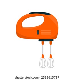 This vibrant orange hand mixer is designed for easy use in baking and cooking, featuring two mixing attachments for whipping and blending ingredients conveniently.