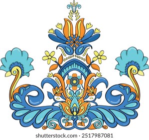  This vibrant ornamental design features a symmetrical arrangement of floral and leaf-like elements, rendered in bright blue, orange, and yellow hues. The intricate details and flowing shapes evoke a 