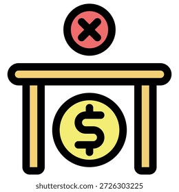 Este vibrante contorno ilustra una negación financiera o una transacción de pago fallida, representada por una moneda de un dólar debajo de una mesa con una sobrecarga de símbolo de rechazo rojo 'X', adecuada para los App de Diseño web y presupuesto.