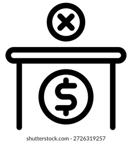 Este vibrante contorno ilustra una negación financiera o una transacción de pago fallida, representada por una moneda de un dólar debajo de una mesa con una sobrecarga de símbolo de rechazo rojo 'X', adecuada para los App de Diseño web y presupuesto.