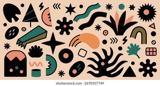 Este padrão vibrante apresenta formas geométricas abstratas em um fundo bege. Perfeito para adicionar um toque de charme moderno a qualquer projeto de design ou decoração.