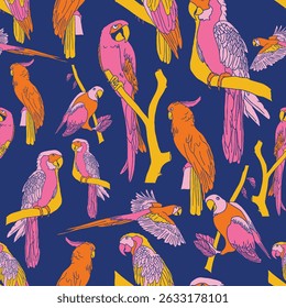 This vibrant pattern features an array of stylized parrots perched on and flying around abstract tree branches. The overall aesthetic is tropical, playful, and modern, with a strong pop-art influence.