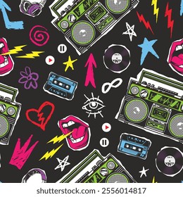 This vibrant pattern features retro music elements such as boomboxes cassettes and musical notes. Bright colors create a lively and dynamic feel suitable for music lovers.