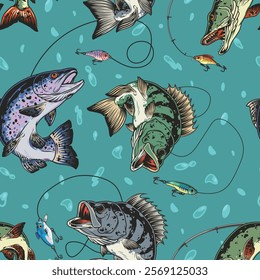 This vibrant pattern features various fish species including trout and bass surrounded by colorful fishing lures against a bright blue backdrop. Perfect for textiles or wallpaper.