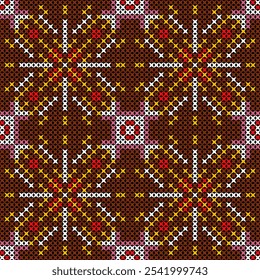 This vibrant pattern showcases a captivating blend of geometric shapes and colors, reminiscent of traditional folk art or modern graphic design. The intricate design features a central motif