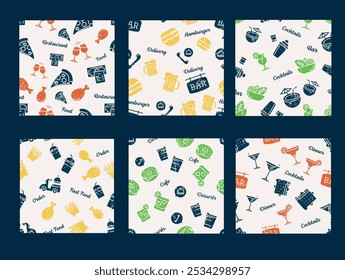 This vibrant pattern showcases a variety of food and drink icons, including hamburgers, cocktails, and coffee, representing different dining experiences and venues.