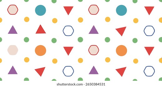 This vibrant pattern showcases a variety of simple geometric shapes like circles, triangles, and hexagons in bright, cheerful colors scattered across a clean white canvas.