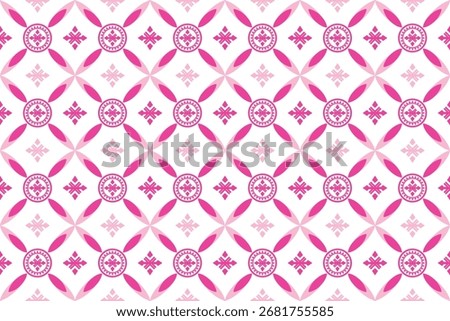 This vibrant pink floral pattern features geometric shapes and symmetrical designs, perfect for textiles, wallpaper, and modern décor.