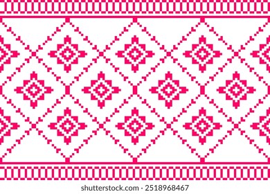 This vibrant pink and white geometric pattern showcases traditional ethnic motifs in a symmetrical, pixelated design. Repetitive diamond shapes reflect cultural heritage and artisanal craftsmanship.