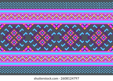 This vibrant pixel art pattern features a traditional ethnic textile design with bright neon colors, including purple, pink, blue, and yellow on a dark gray background.