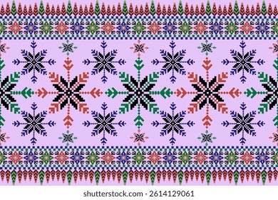 This vibrant pixel art textile features bright floral motifs,purple background,traditional tribal, Indian, and geometric styles,pixelated flowers,ethnic-inspired patterns,  home decor, fashion, rugs.