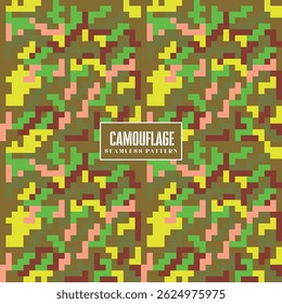 This vibrant pixelated camouflage pattern features a seamless design of various colors.