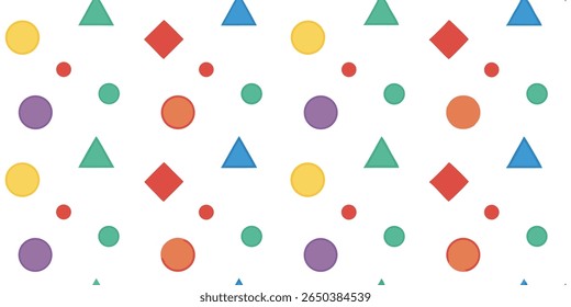 This vibrant and playful design features a random arrangement of circles squares and triangles in various bright colors scattered across a clean white backdrop.