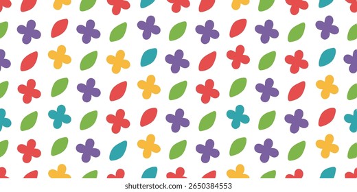 This vibrant and playful design features a repeating pattern of simple, rounded flower-like shapes and oval leaf elements in various bright colors.