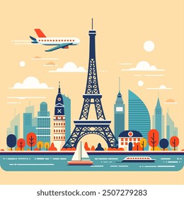 This vibrant and playful illustration depicts a dynamic Parisian cityscape, centered around the iconic Eiffel Tower