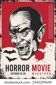 Este vibrante póster promueve una maratón de películas de terror que tendrá lugar del 25 al 28 de octubre con un gráfico clásico de vampiros sobre un llamativo fondo rojo.