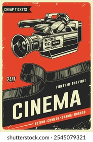 This vibrant poster showcases a classic video camera on a bold red background advertising affordable cinema tickets for various film genres at all hours.